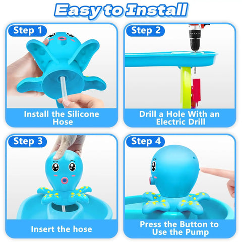Installation steps for Octopus Battery Powered Water Table Pump For Backyard Outdoor Sand And Water Table Play, steps 1-4.