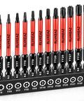 Torx security bit set, 12 pieces (T5–T40), red-handled S2 steel bits with 1/4 in hex shank in magnetic holder