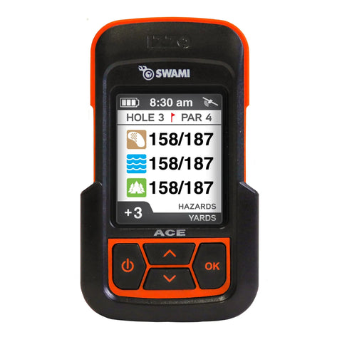 Swami Ace Handheld Golf GPS Rangefinder In Orange With Magnetic Case showing digital yardage display.