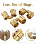4 Pcs 8mm Hidden Brass Barrel Hinges For Jewelry Boxes And Small Furniture 180 Degree Concealed Hinges With Drill Bit And Screws Includes Installation Kit For Wooden Boxes Craft Projects And DIY, shown with details on design and material.