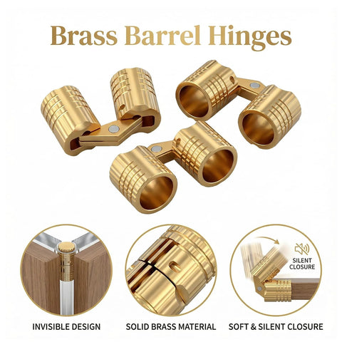 4 Pcs 8mm Hidden Brass Barrel Hinges For Jewelry Boxes And Small Furniture 180 Degree Concealed Hinges With Drill Bit And Screws Includes Installation Kit For Wooden Boxes Craft Projects And DIY, shown with details on design and material.