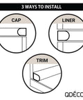 Diagram showing three installation methods for Copper Bullnose Tile Edge Trim 3/4 X 12 Inch Decorative Border For Shower And Kitchen Backsplash.