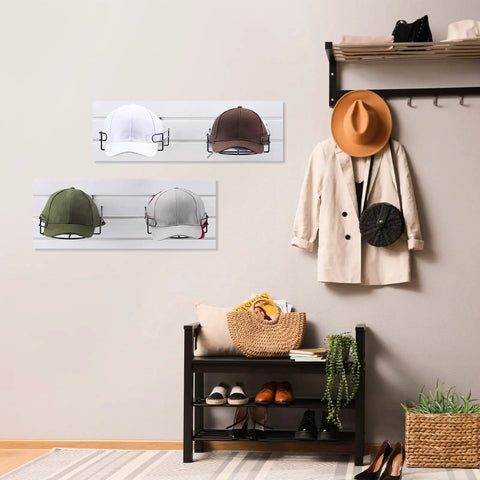 Four Piece Metal Hat Display Racks For Slat Wall Measuring 13 By 7.9 By 3.8 Inches displayed with hats in a room