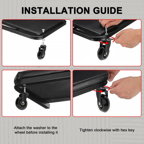 Installation guide for 6 Pack 2.5 Inch Heavy Duty Swivel Caster Wheels For Creepers And Service Carts, showing attachment and tightening steps.