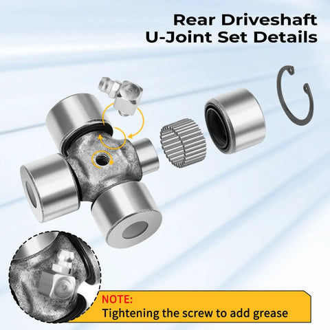Beefed Up Rear Driveshaft U Joint Set for Can-Am Outlander and Commander UTVs, Heavy Duty Axle Joint Kit Fits 400 450 500 570 650 800 850 1000 Models, Easy Install, High-Performance Replacement, exploded view of steel U-joint parts