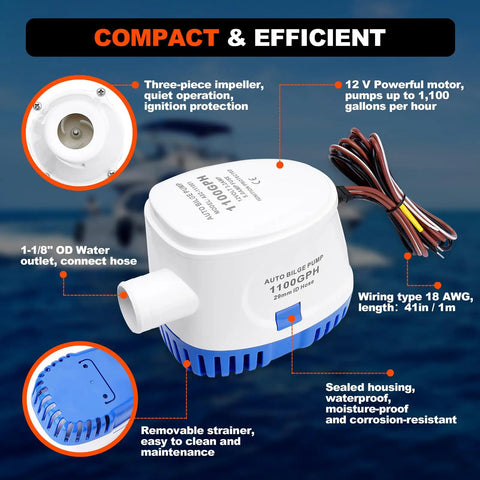 1100 GPH 12V Automatic Bilge Pump Kit For Boats With 1 1/8 Inch Outlet, 6Ft Hose, Clamps, Thru Hull Fitting Ready For Fishing Boats