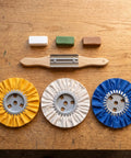 Get That Mirror Shine With These 3 Piece Cloth Polishing Wheels For Bench Mounted Metalworks Plus Buffing Agent For Surface Grinding And Smooth Finish, showing three colored cloth wheels and buffing agents.