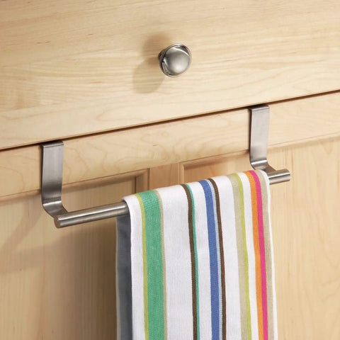 Over Cabinet Towel Bar With Hooks For Bathroom And Kitchen Brushed Stainless Steel No Install Needed 9 Inch Length