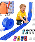 Child playing with Totally 15 Ft Flexible Race Track Set For Kids 3 Plus With 8 Cars And 4 Suction Cups, DIY Modular Car Track