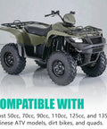 Green ATV compatible with 50cc to 135cc Chinese ATVs, showcasing compatibility with 5 Pin AC CDI Box For 50cc To 135cc Chinese ATVs Dirt Bikes Quads And Go Karts With Universal AC Fired CDI Unit 5 Pin Male Plug Easy Install Plug And Play And Broad Engine Compatibility.