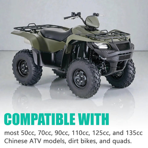 Green ATV compatible with 50cc to 135cc Chinese ATVs, showcasing compatibility with 5 Pin AC CDI Box For 50cc To 135cc Chinese ATVs Dirt Bikes Quads And Go Karts With Universal AC Fired CDI Unit 5 Pin Male Plug Easy Install Plug And Play And Broad Engine Compatibility.