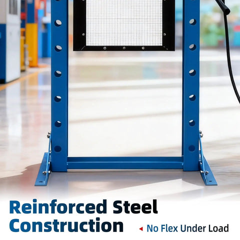 Heavy Duty 30 Ton Hydraulic Shop Press With Fully Welded H Frame And Protective Grid Guard showing reinforced steel construction.