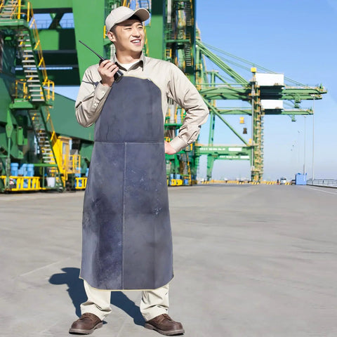 Person wearing Pro Grade Cowhide Welding Apron Heat Resistant Shield For Sparks And Splatter Fireproof Soldering Gear outdoors