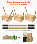 Heavy Duty Two Person Moving Straps With Adjustable Shoulder Harness And Beefy Steel Buckles For Hassle Free Hauling Of Furniture Mattresses And Appliances Without Wrecking Your Back with carrying methods illustration.
