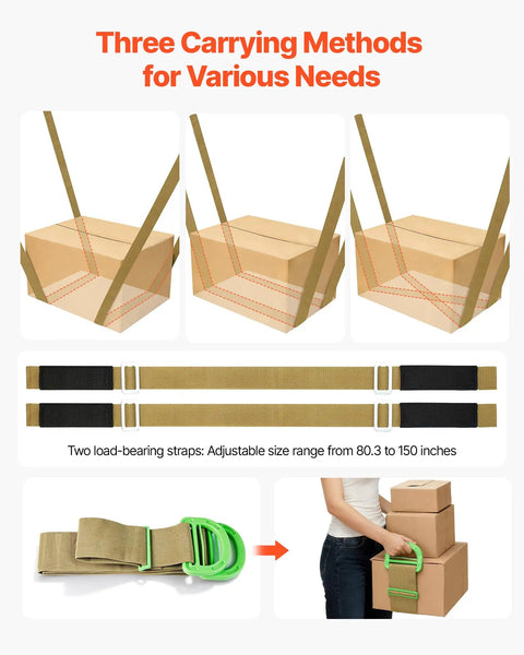 Heavy Duty Two Person Moving Straps With Adjustable Shoulder Harness And Beefy Steel Buckles For Hassle Free Hauling Of Furniture Mattresses And Appliances Without Wrecking Your Back with carrying methods illustration.
