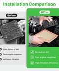 Before and after installation of engine air filter showing improved filtration for Chrysler Grand Caravan V6 3.6L