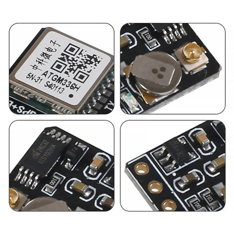 Close-up of Dual Mode GPS BDS Flight Control Module with ATGM336H chip for Arduino, DIY drones, NEO M8N, NEO 6M compatible.