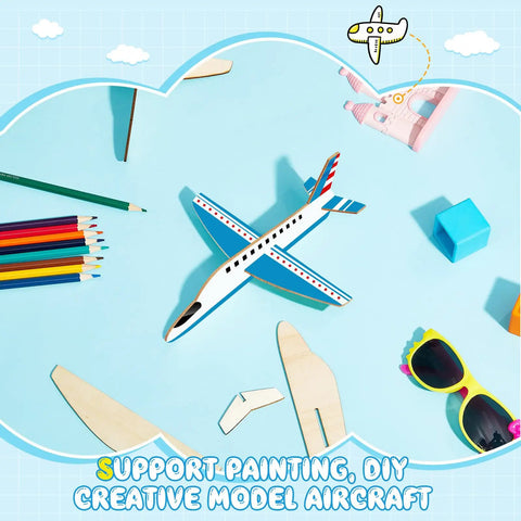 8 Pack Wooden Airplane Kits With Balsa Wood Model Planes For DIY Paint Craft Projects, airplane pieces on blue background
