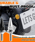 Hella Tough Aluminum Alloy Spiked License Plate Screws Kit Includes Nuts And Washers Bold Anti Theft Bolts In Sleek Silver Finish For Car Truck And Motorcycle Street Ride Builds with black and silver bolts
