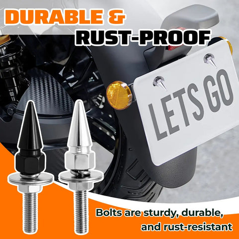 Hella Tough Aluminum Alloy Spiked License Plate Screws Kit Includes Nuts And Washers Bold Anti Theft Bolts In Sleek Silver Finish For Car Truck And Motorcycle Street Ride Builds with black and silver bolts