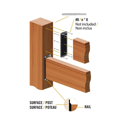 Grip Tight Steel Rail Bracket And Connector Plate For 2 By 6 Wood Deck Or Fence Fast Mount showing installation on wooden posts.
