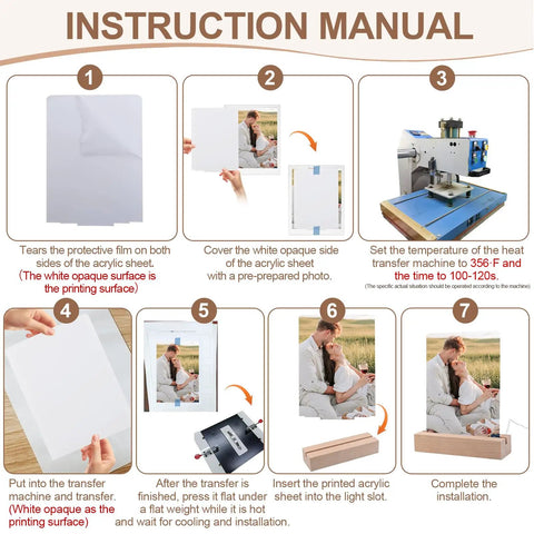 Instruction manual for 5 By 7 Inch Sublimation Ready Heart Shape LED Acrylic Photo Frames Set With Four Acrylic Panels And Two Wood Stands