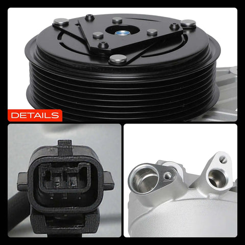 Top Tier AC Compressor With Built Clutch Fits Infiniti JX35 QX60 Nissan Maxima Murano Pathfinder DKS17D detailed view of seven groove pulleys and connectors.