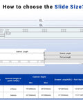 Illustration detailing slide size selection for Heavy Duty Undermount Drawer Slides Two Pairs Twenty One Inch Full Extension Soft Close.