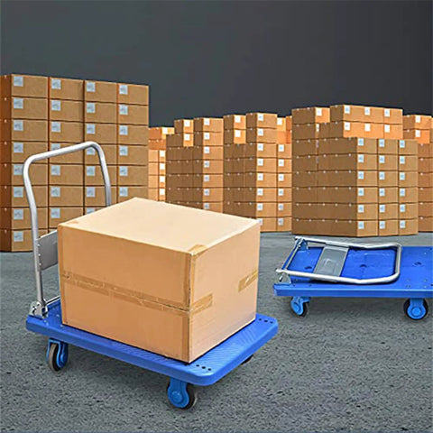 Beast Mode Heavy Duty Platform Cart With Foldable Hand Cart And Large Flatbed in warehouse with stacked boxes