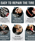Image showing steps to use Heavy Duty 70 Piece Tubeless Tire Repair Kit With T Handle Puller And Rubber Plugs for tire repair.