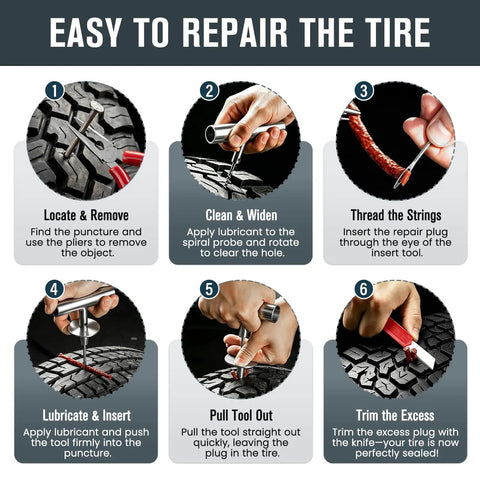 Image showing steps to use Heavy Duty 70 Piece Tubeless Tire Repair Kit With T Handle Puller And Rubber Plugs for tire repair.