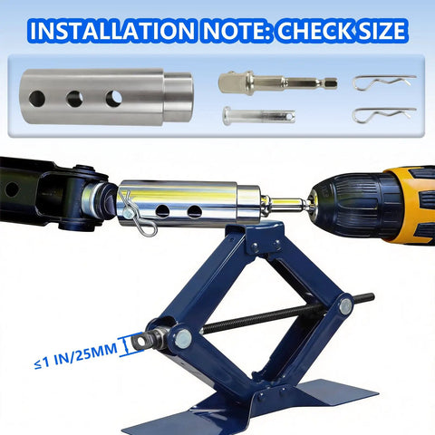 Heavy Duty Trailer Jack Drill Adapter With One Inch Drive Shaft And Half Inch Socket Bit For Electric Drills Ideal For Turbo Jack Overhauls On Gooseneck Flatbed And Semi Trailers Rock Solid And Dead Easy - Installation note with jack and attachment.
