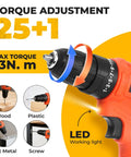 Slick Heavy Duty 152 Piece Tool Set With 12V Cordless Drill showing torque adjustment and LED light features.