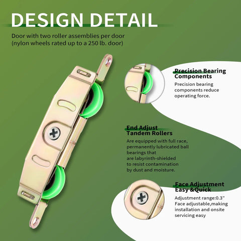 Close-up of No Sweat Side Adjustable Tandem Sliding Patio Door Roller with solid nylon wheels showcasing precision bearings and adjustment features.