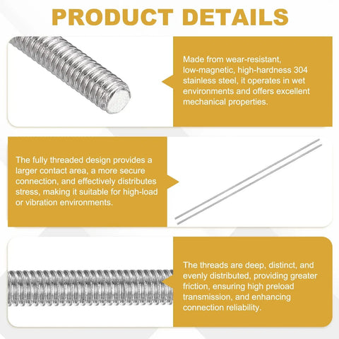 Rock Solid M3 Fully Threaded Rod Kit 3 Pieces 304 Stainless Steel showing detailed threads and design features for heavy-duty applications.