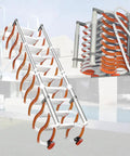 Electric Telescopic Attic Ladder Forged From Heavy Duty Aluminum Effortless Wall Mounted Retractable Staircase No Sweat Install Top Tier Space Saver For Attic Rooms And Workshop Sheds Vibrant Orange Finish showcased in extended and folded positions.