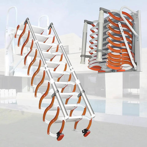 Electric Telescopic Attic Ladder With Hella Sturdy Forged Aluminum Frame Wall Mounted Retractable Folding Stairs Zero Clutter Design Pulls Open Sweet And Smooth Orange in fully extended position.