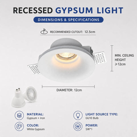 Opaeroo Recessed Plaster Downlight, Flush Mount Ceiling Spotlight 5W GU10 with a 12cm diameter and white gypsum finish.