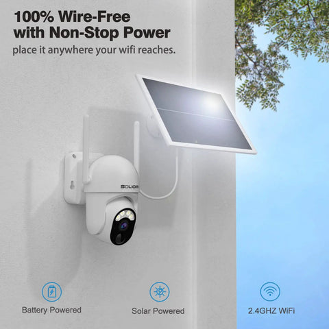 Solar Powered Wireless Outdoor Security Camera With 355 Degree Pan Tilt, 1080P Night Vision, Spotlight, PIR Motion Sensor, mounted with solar panel