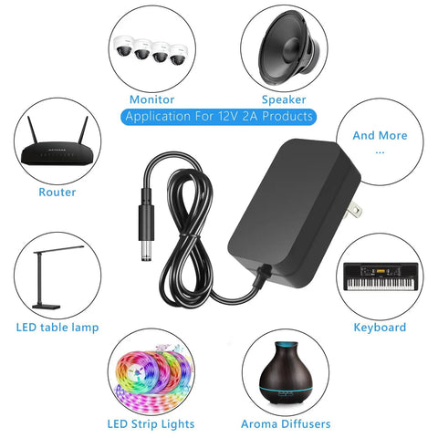12V 2A Power Supply Adapter 120V AC To DC 12V 5.5x2.1mm Barrel Plug 24W Transformer For LED Strip Lights Surveillance Cameras Monitors