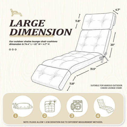 Illustration of Ultra Comfy All Weather Outdoor Chaise Lounge Cushion Waterproof 74.4 Inch Long by 22 Inch Wide by 4.7 Inch Thick With Ties