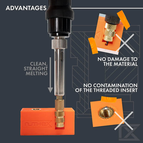 7X Soldering Tips And Heat Set Insert Tips For Thread Inserts M2 To M8 And Threaded Inserts Sizes Two Fifty Six To Ten Twenty Four One Quarter Inch Soldering Iron Adapter For 900M And T18 Pro Grade Soldering Accessory shown demonstrating clean melting and no contamination advantages