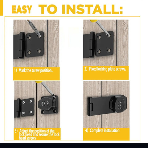 Installation steps for Badass Password Combo Rotary Hasp Locks 2 Pack Heavy Duty Black Numeric Security Slide Latch.
