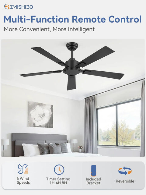 52 Inch Black Ceiling Fan With Remote No Light Quiet Reversible DC Motor Six Speeds For Living Room Bedroom Patio Indoor Outdoor Use Downrod Included For High Or Low Ceilings in modern bedroom