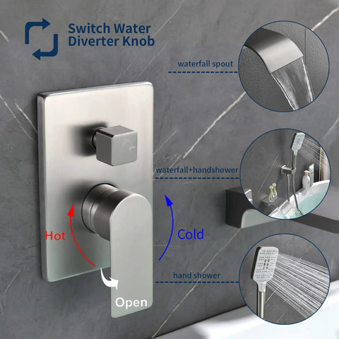 Wall Mount Bathtub Faucet With Hand Shower And Waterfall Tub Spout, Complete Tub And Shower Faucet Set, brushed nickel, on wall.