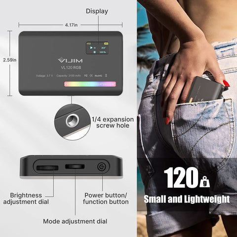 Portable RGB LED Video Light Panel for Cameras in hand, showing size, screw hole, and buttons. Compact design for vlogging use.