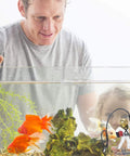 Man and child observing fish tank with Scuba Diver Fish Tank Decoration Vibe Resin Bubbler Ornament and goldfish