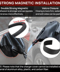 Heavy Duty Magnetic EV Charger Cover Built Like A Tank To Shield Your Electric Ride From Grit And Downpours Sealed All Weather Port Guard With Beefy Magnets In Durable Matte Black, showing strong magnetic installation and Velcro closure.