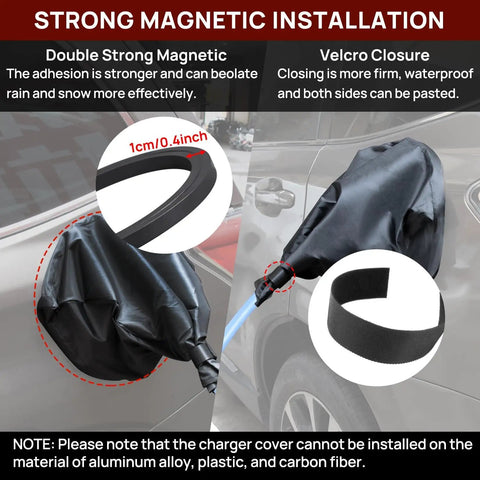 Heavy Duty Magnetic EV Charger Cover Built Like A Tank To Shield Your Electric Ride From Grit And Downpours Sealed All Weather Port Guard With Beefy Magnets In Durable Matte Black, showing strong magnetic installation and Velcro closure.