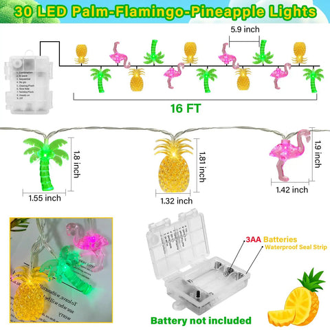 Tropical Flamingo Pineapple Palm Tree LED String Lights, 30 LEDs, 16 Ft Battery Operated, Three Design Options